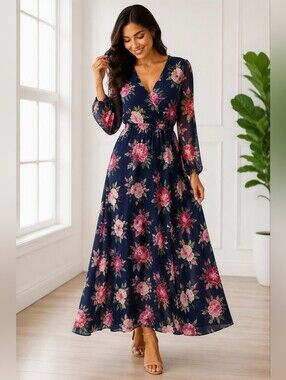 Navy Floral Wrap Maxi Dress
